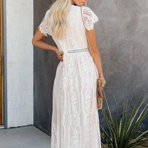 White Lace V Neck Maxi Dress